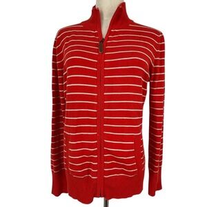 NAVIGATA Womens Luxury Red White Striped Full Zip Knit Cardigan Sweater L Vicose